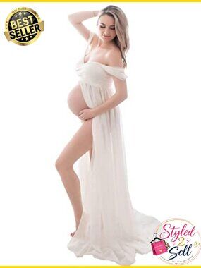 Maternity Photoshoot Off Shoulder Chiffon Lace Gown Split Front Maxi Dress
